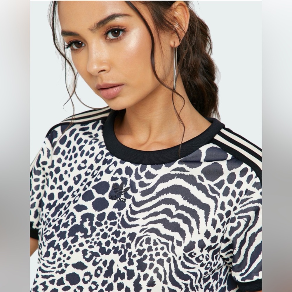 Adidas Originals 3-Stripes Animal Print Cropped Tee Ecru/Black Size S NWT
